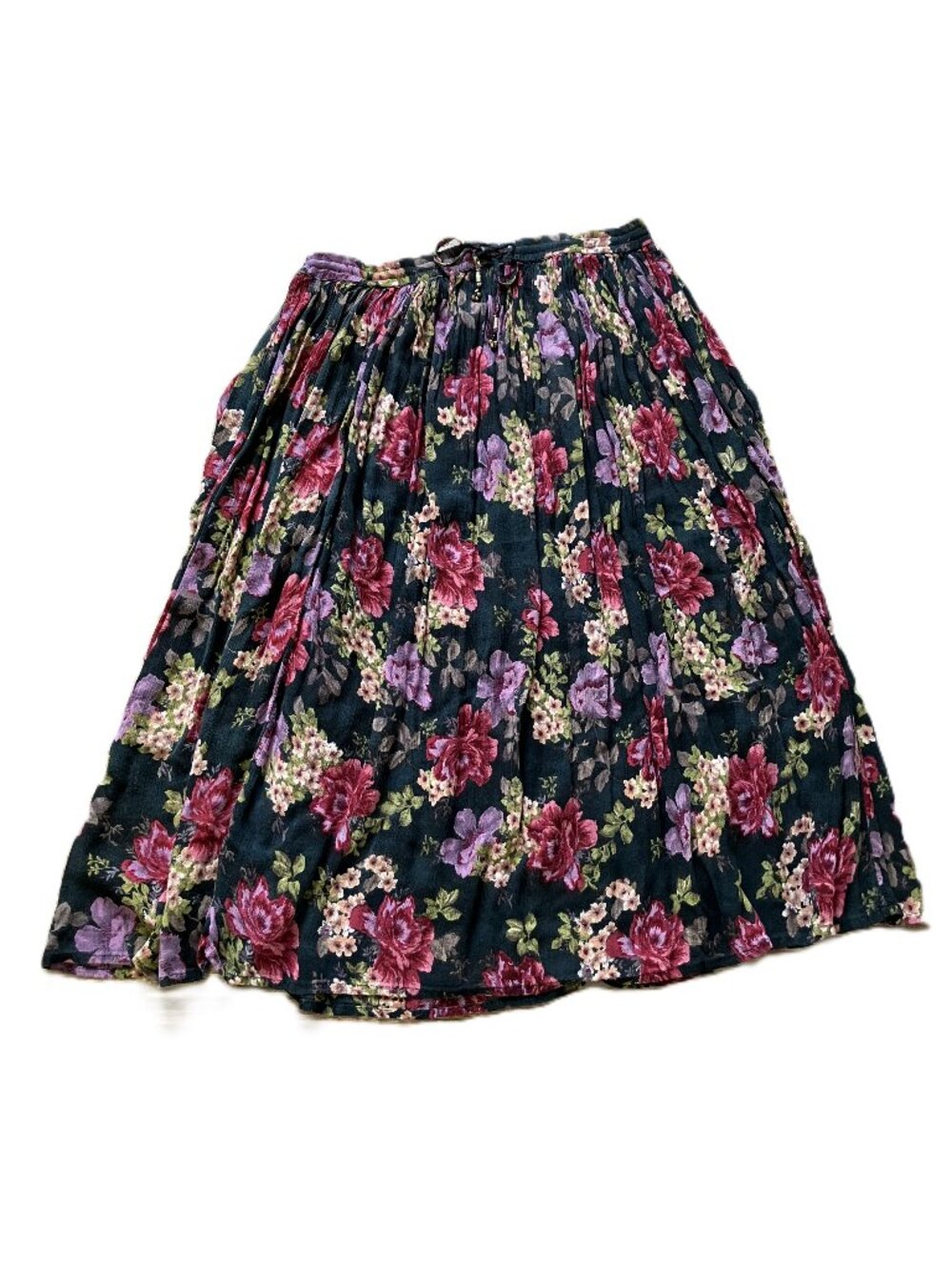 Wardrobe Essentials Crinkle Rayon Maxi Skirt Floral Print Drawstring Waist M/L
